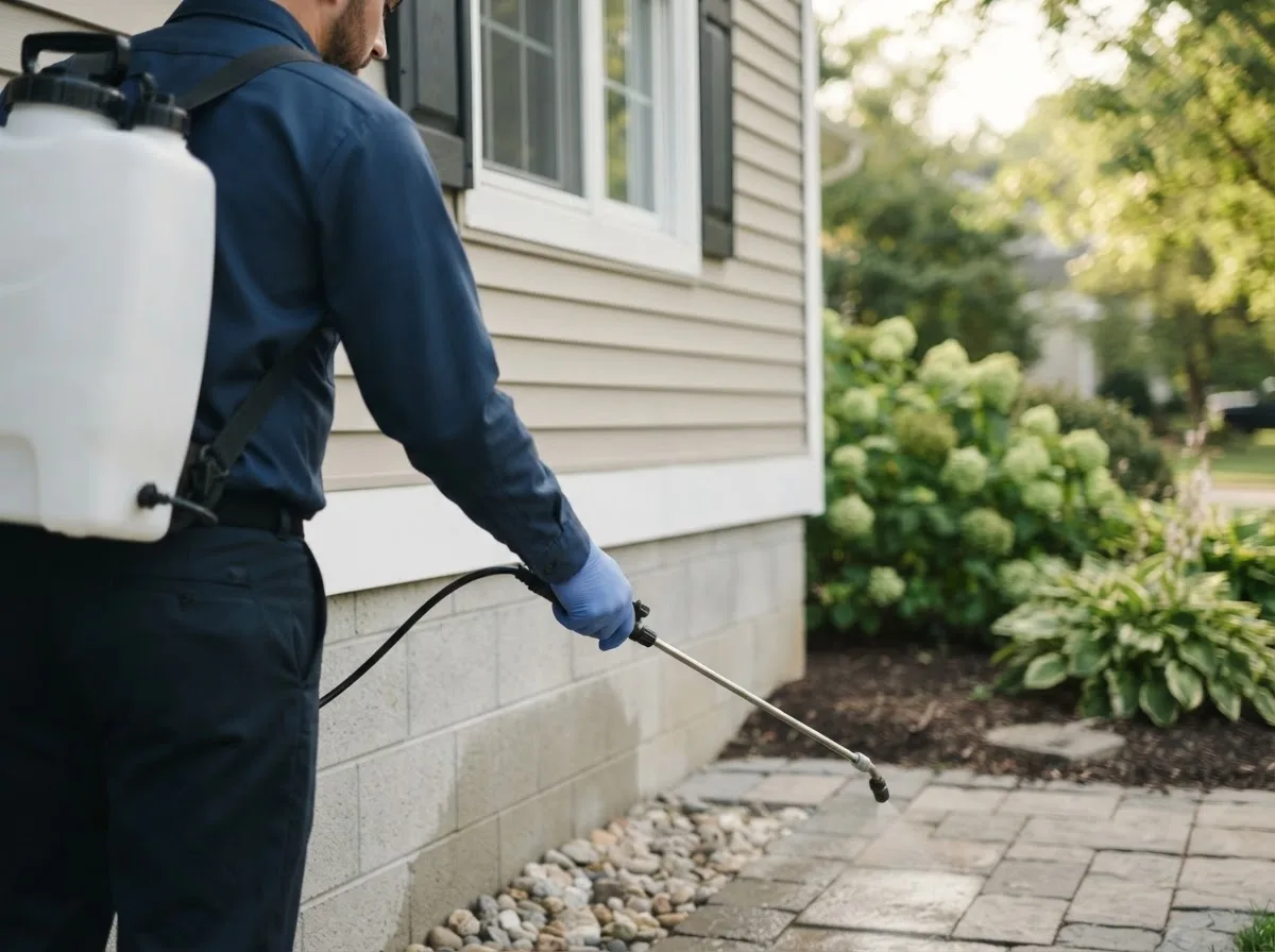 Pest control technician inspecting a home in Raymond, OH